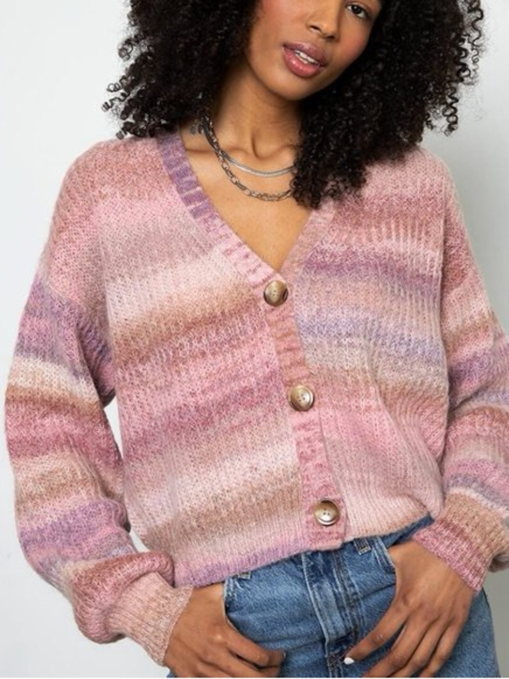 27 Miles Malibu alpaca Pink Multi-Stripe V-Neck Button Cardigan